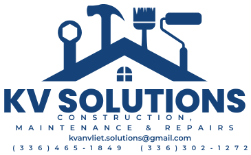 KV Solutions logo: construction, maintenance and repairs, with phone and email